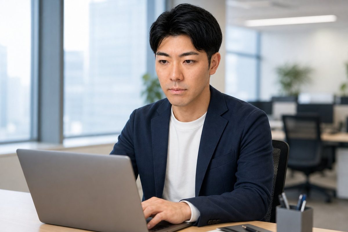 デスクでパソコン作業に集中する男性