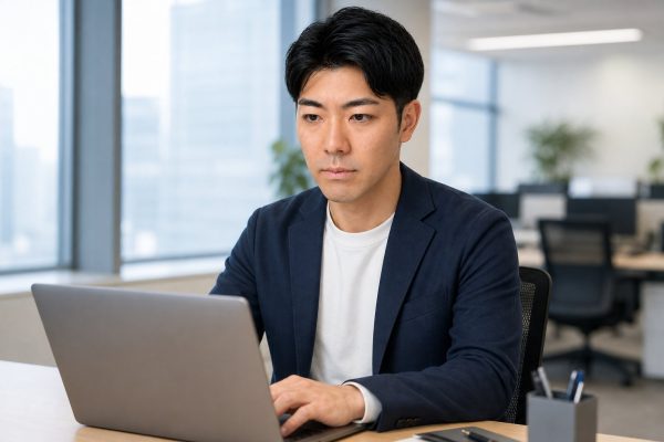デスクでパソコン作業に集中する男性