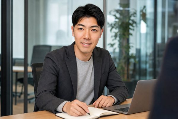 会議で笑顔でメモを取る男性