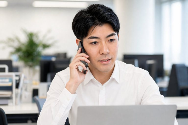オフィスで電話をかける男性