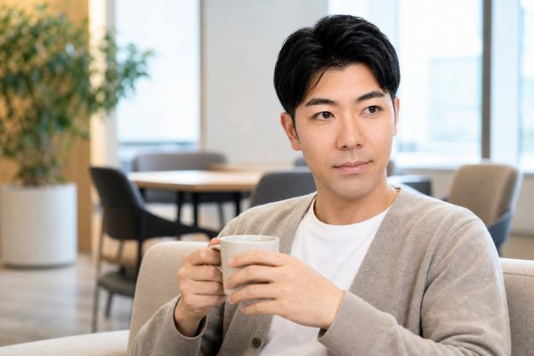 ラウンジでコーヒーブレイクする男性