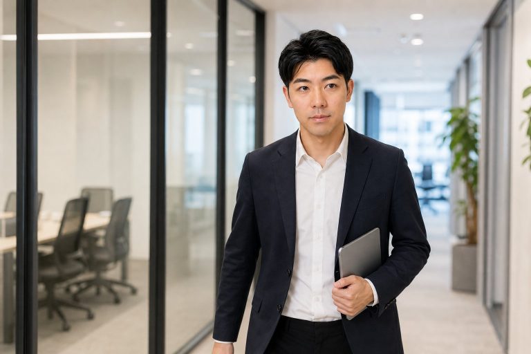 タブレットを持って廊下を歩く男性