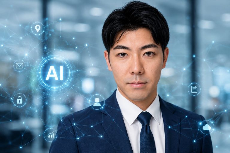 AIネットワークと真剣な表情のビジネスマン