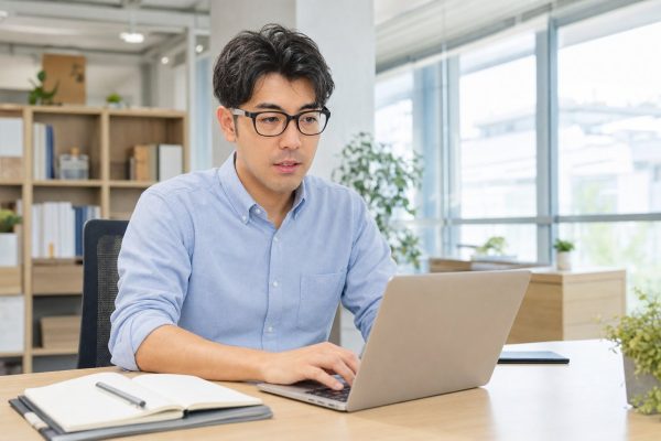 ノートPCで作業を進める男性