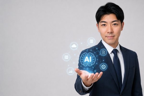 AIアイコンを手に載せるスーツの男性