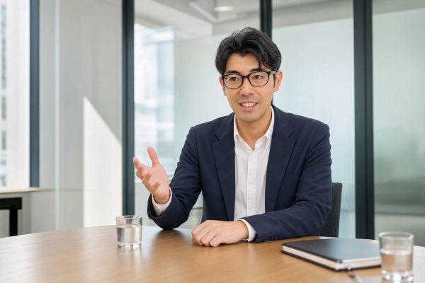 会議で資料を説明する男性