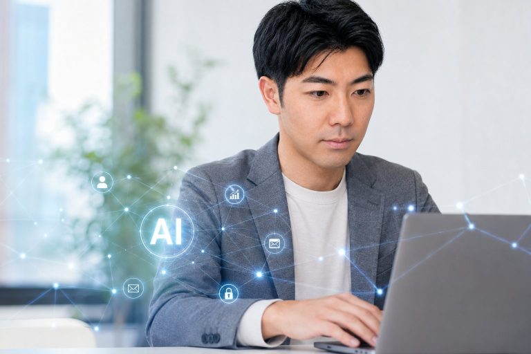 ノートPCでAIツールを操作する男性