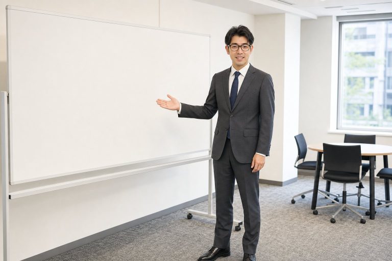 ホワイトボードの前で発表する男性