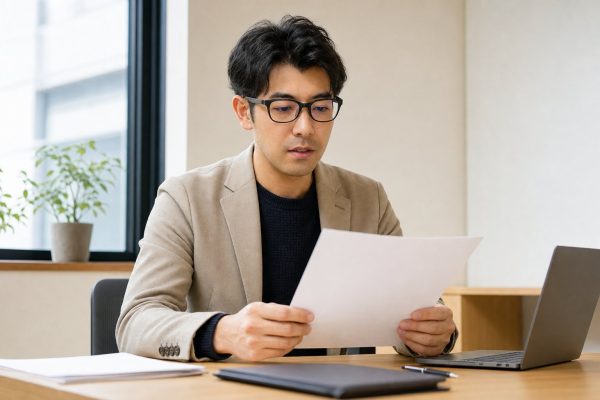 書類をチェックする男性