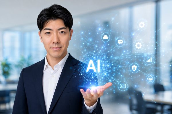 AIの光を手のひらで支える男性