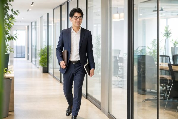 タブレット片手に廊下を移動する男性