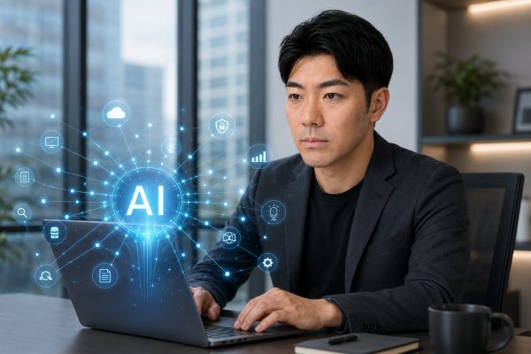 AIホログラムとノートPCで作業する男性