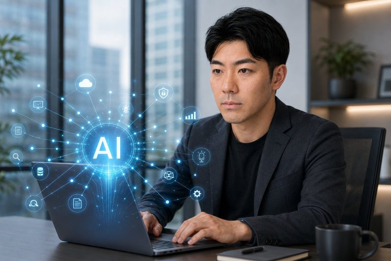 AIホログラムとノートPCで作業する男性