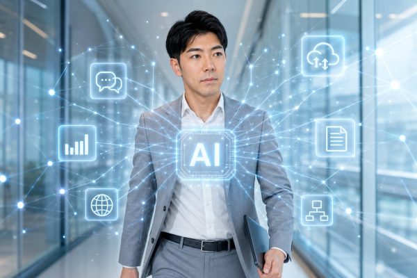 AIアイコンの中を歩くビジネスマン
