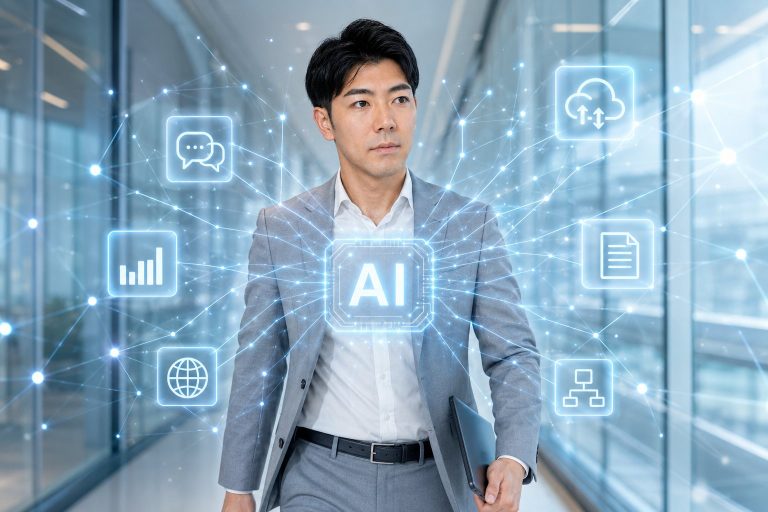AIアイコンの中を歩くビジネスマン