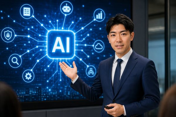 スクリーンのAIチップを紹介する男性