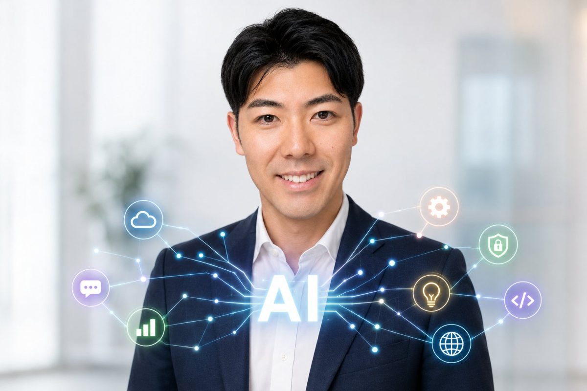 カラフルなAIアイコンと笑顔の男性