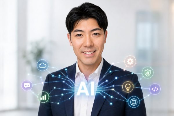 カラフルなAIアイコンと笑顔の男性