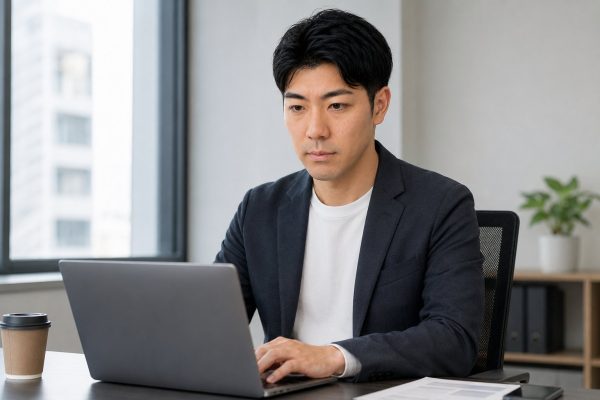 窓際でノートパソコンに向かう男性