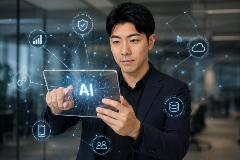 透明タブレットのAIに触れる男性