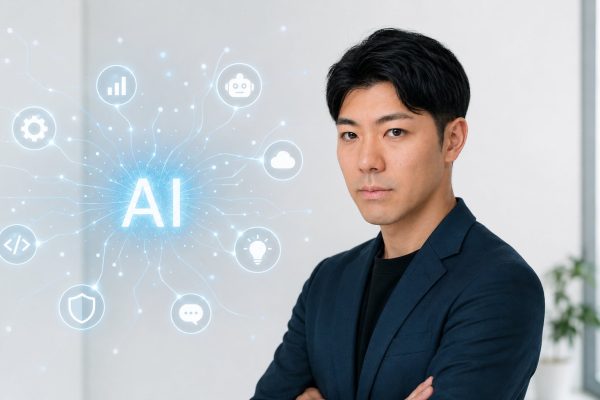 腕組みの男性と輝くAIの文字