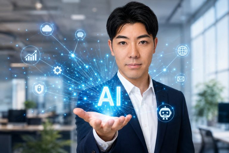 AIを手のひらに載せて微笑む男性