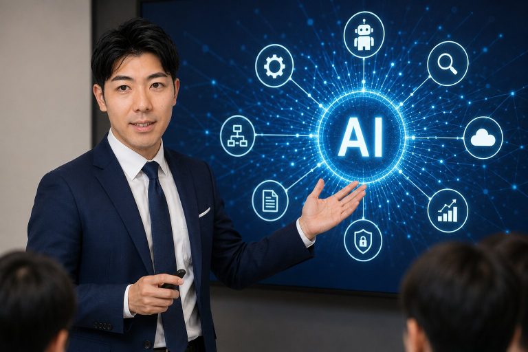 会議室でAI図解をプレゼンする男性