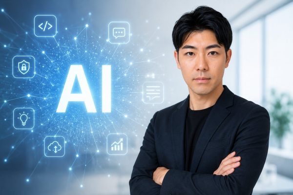 腕組みの男性と大きなAIの文字