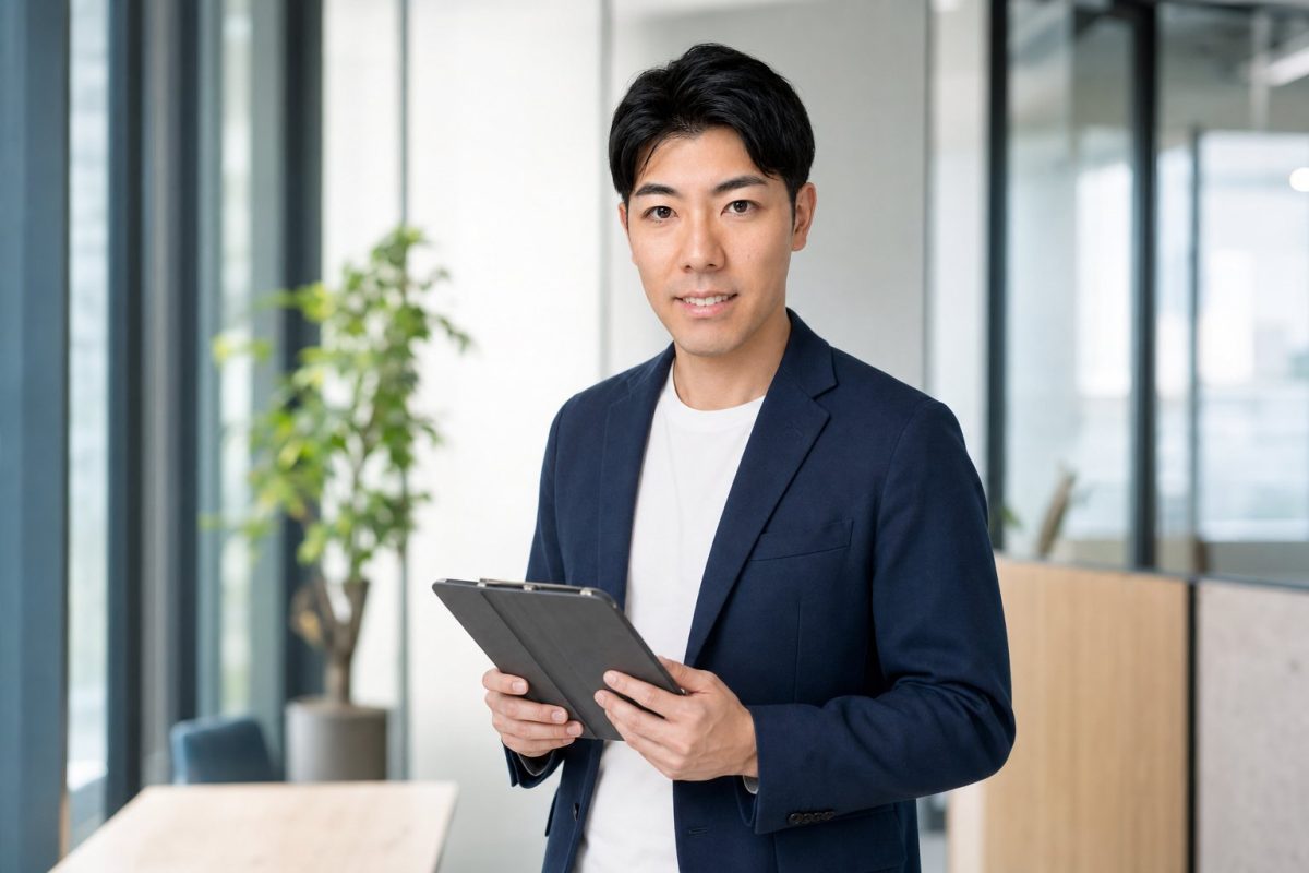 タブレットを手に立って微笑む男性
