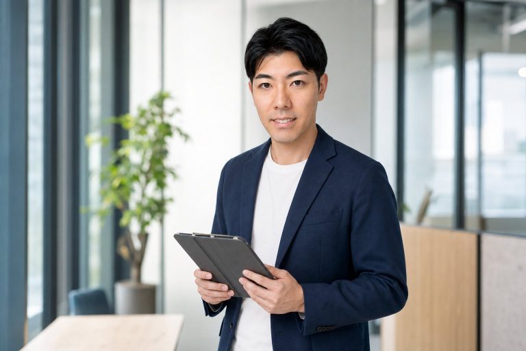 タブレットを手に立って微笑む男性