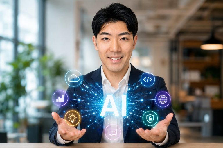 机の上のAIホログラムを両手で見せる男性