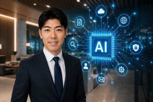 ロビーに立つスーツの男性とAIネットワーク