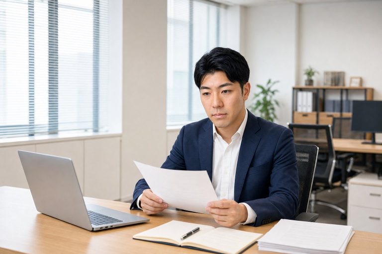履歴書に目を通す採用担当の男性