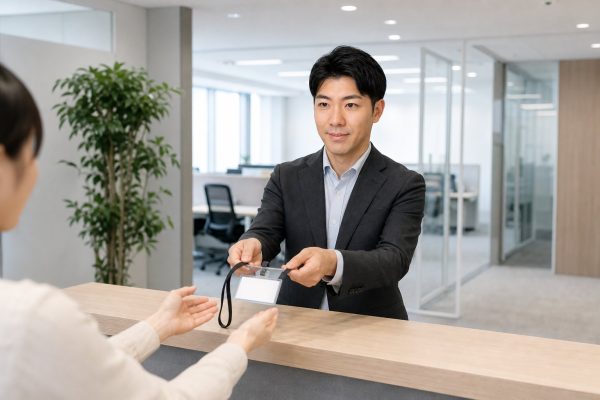 社員証を受け取る男性