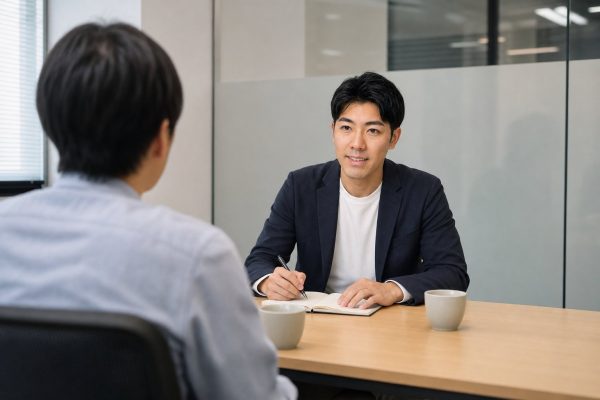 1on1で部下の話を聞く男性