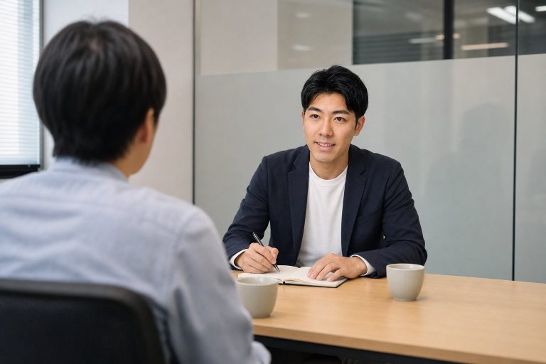 1on1で部下の話を聞く男性