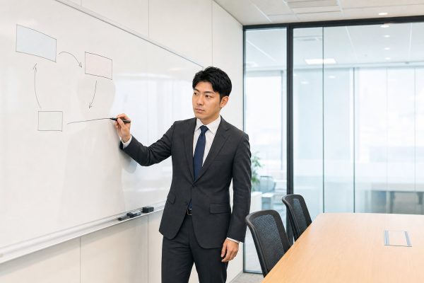 ホワイトボードで年間計画をまとめる男性