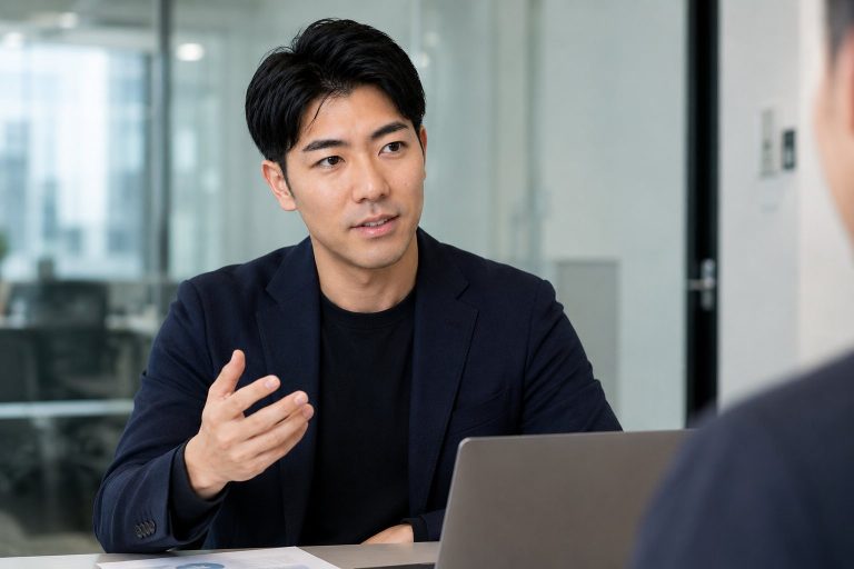 打ち合わせで談笑する男性