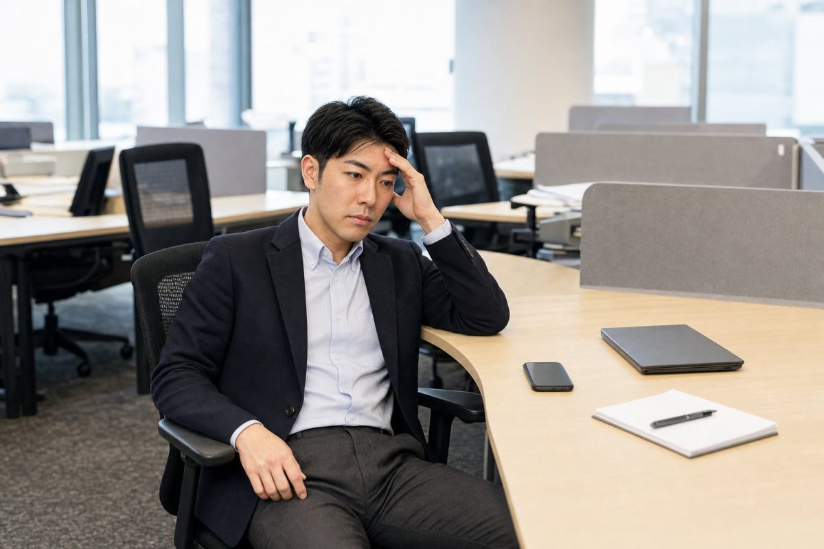 クレーム対応の電話を終えて疲れる男性