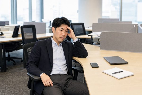 クレーム対応の電話を終えて疲れる男性