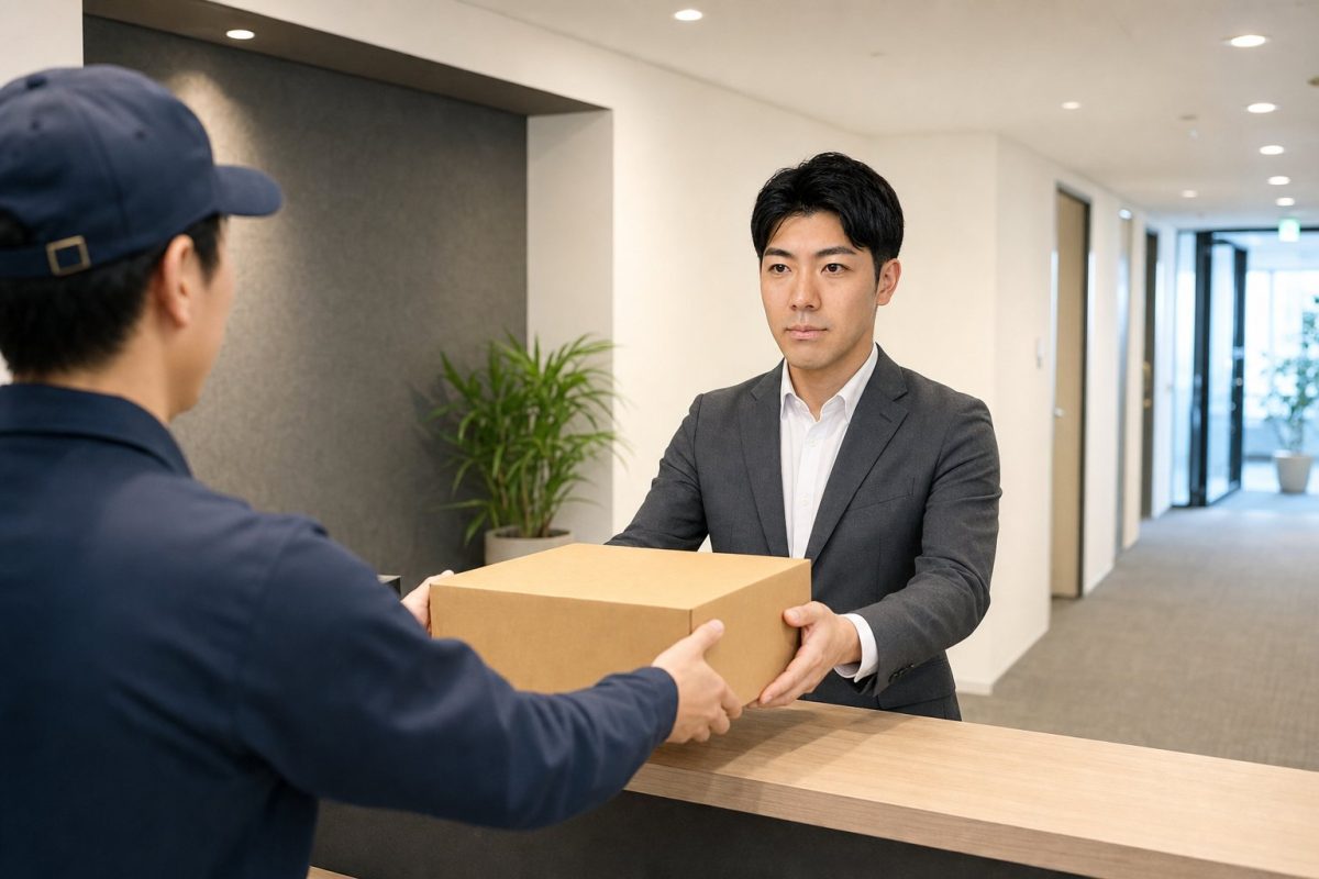 オフィスで荷物を受け取る男性