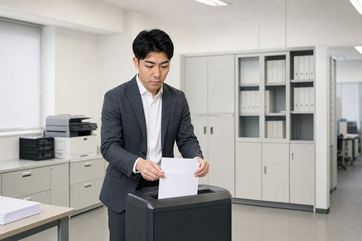 機密書類をシュレッダーにかける男性