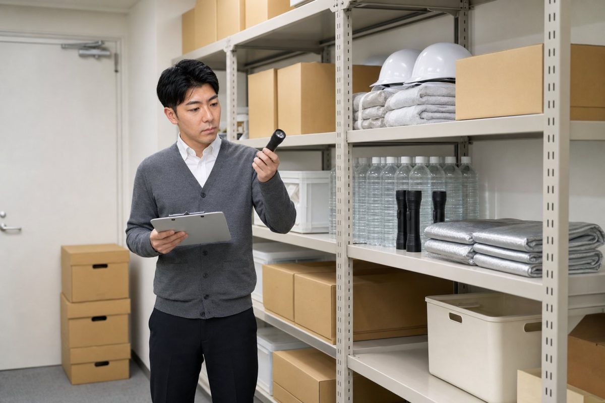 防災備品を点検する男性