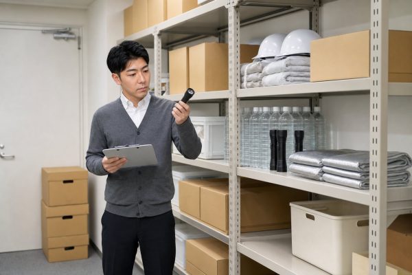 防災備品を点検する男性