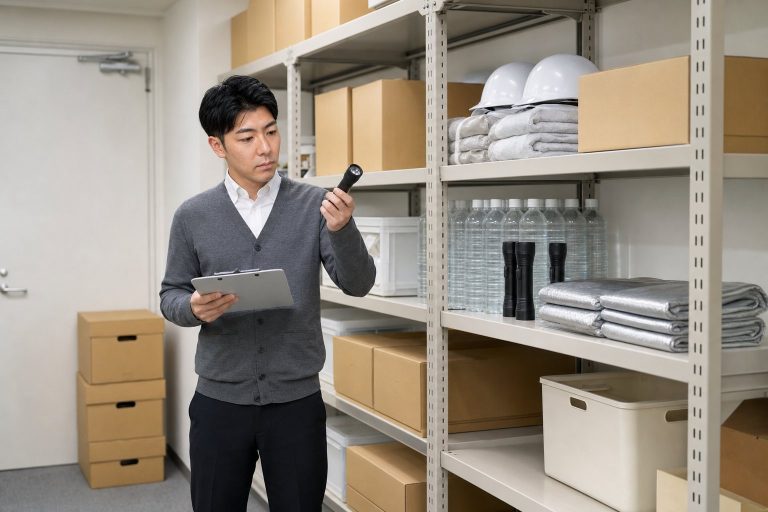 防災備品を点検する男性