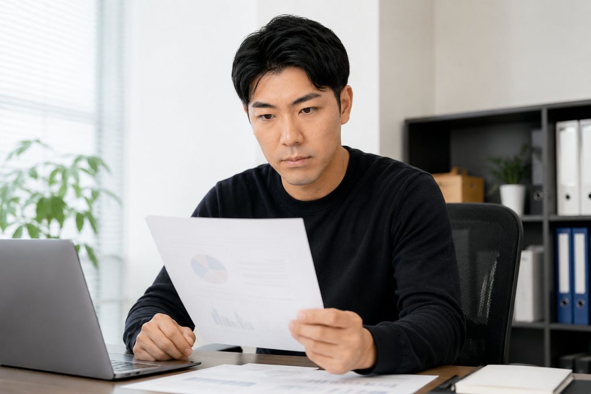 資料を読み込んで考える男性
