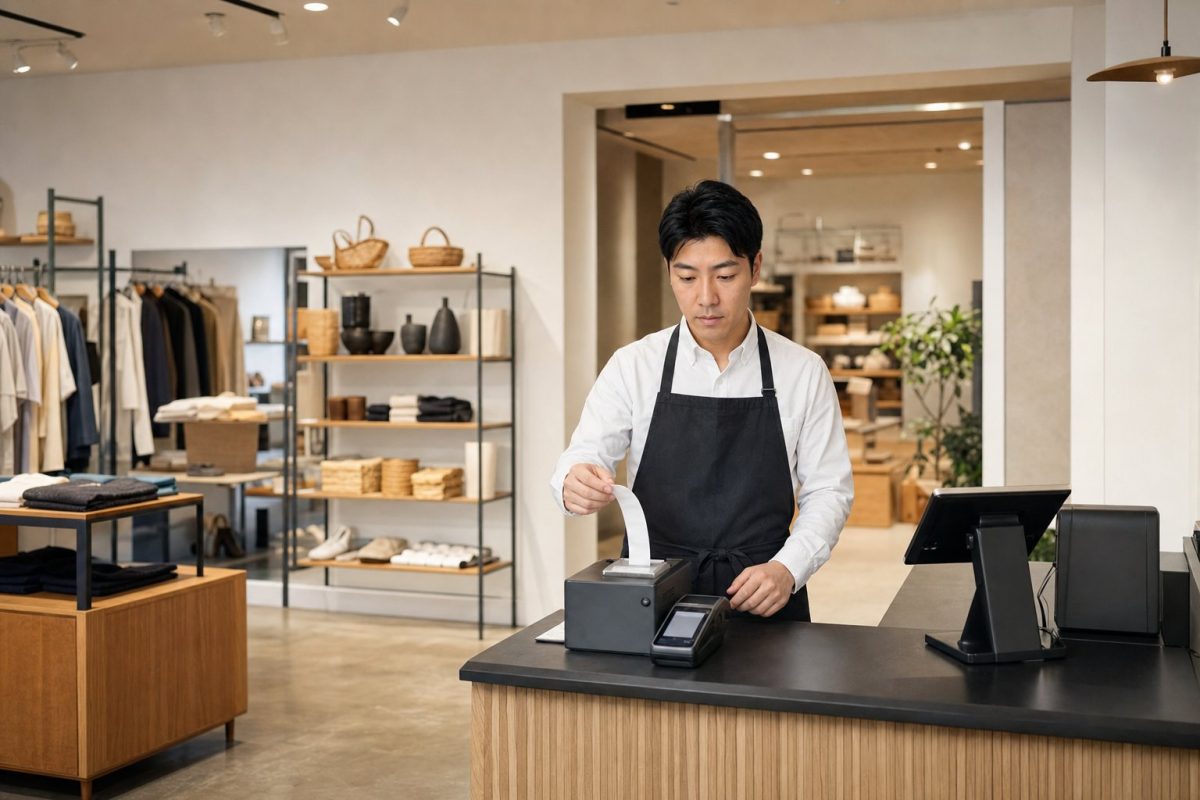 開店前にレジを確認する男性
