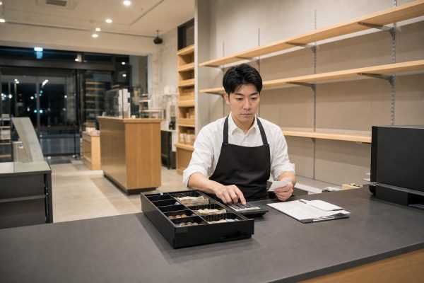 閉店後に売上を確認する男性