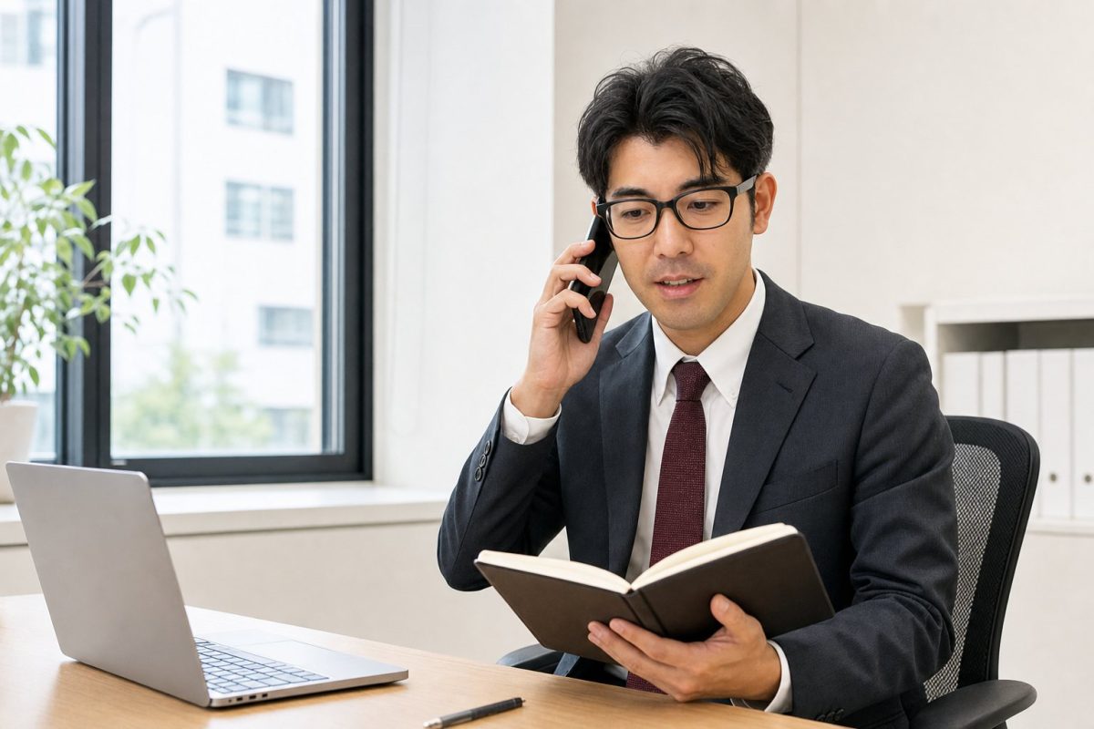 オフィスで通話するビジネスマン