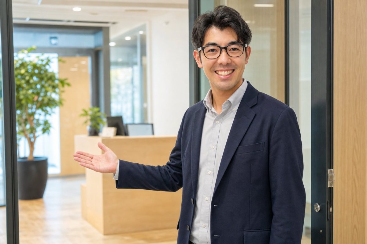 来客を笑顔で迎える男性